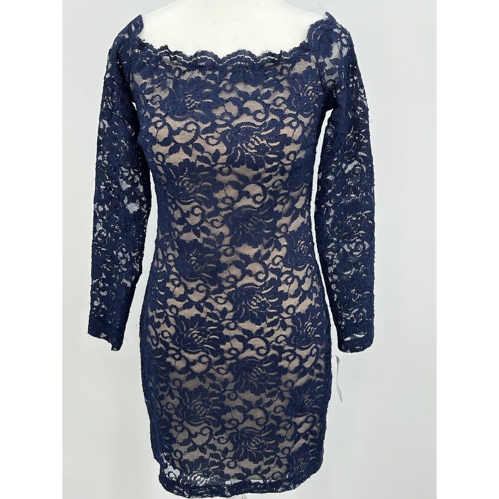 Tease Me USA Women's Blue and Tan Sheath Dress Lace Sexy Body con Sz 9 NWT M
